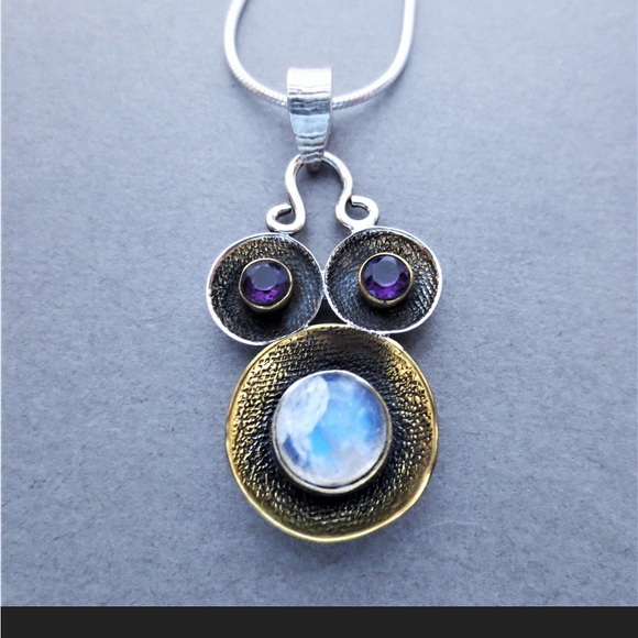 Rainbow Moonstone Amethyst Gemstone Sterling Pendant Necklace - Picture 2 of 7